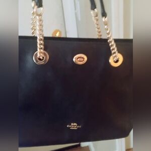 Coach Black Leather Tote Bag with Gold Accents